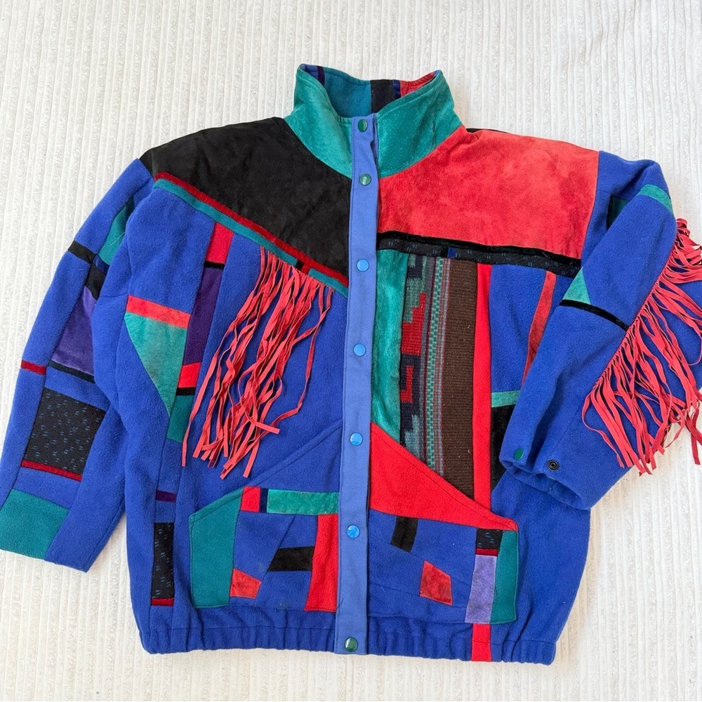 Vintage SFR Southwestern Boho Patchwork Bomber Fleece Jacket | Size L